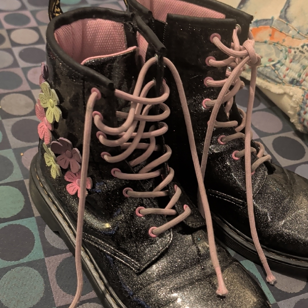 Dr. Martens Black Glitter Kids Boots with Pink Laces